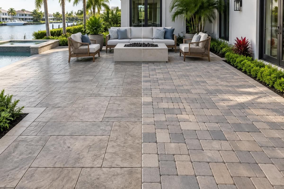 Primer plano de concreto estampado con patrón de piedra
