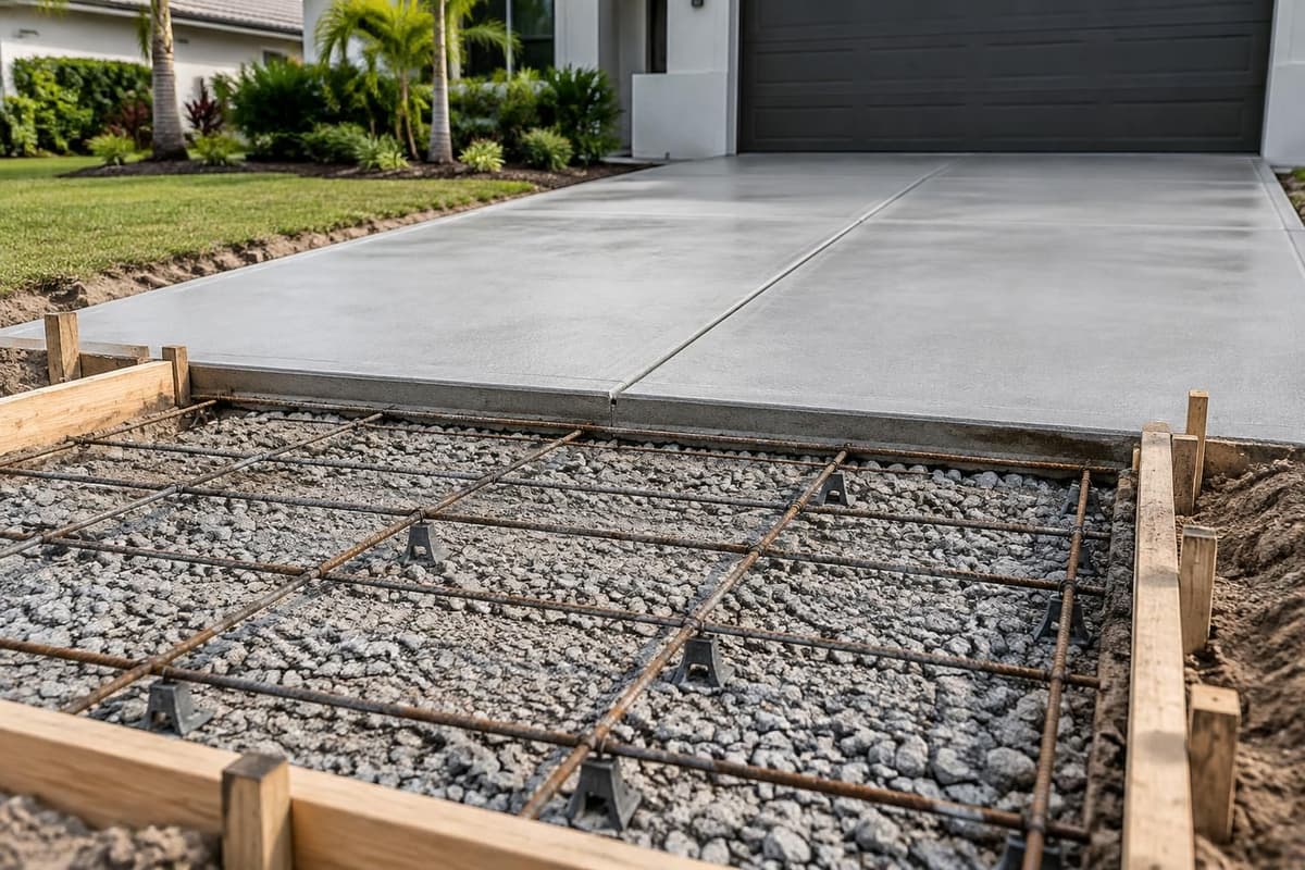 Entrada de concreto terminada con juntas de césped en una casa del sur de la Florida