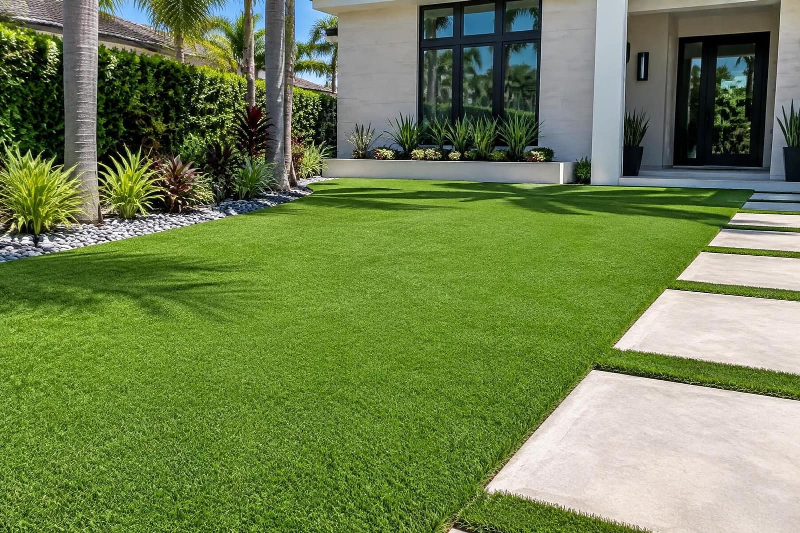Professionally installed artificial grass with clean edges beside concrete stepping slabs