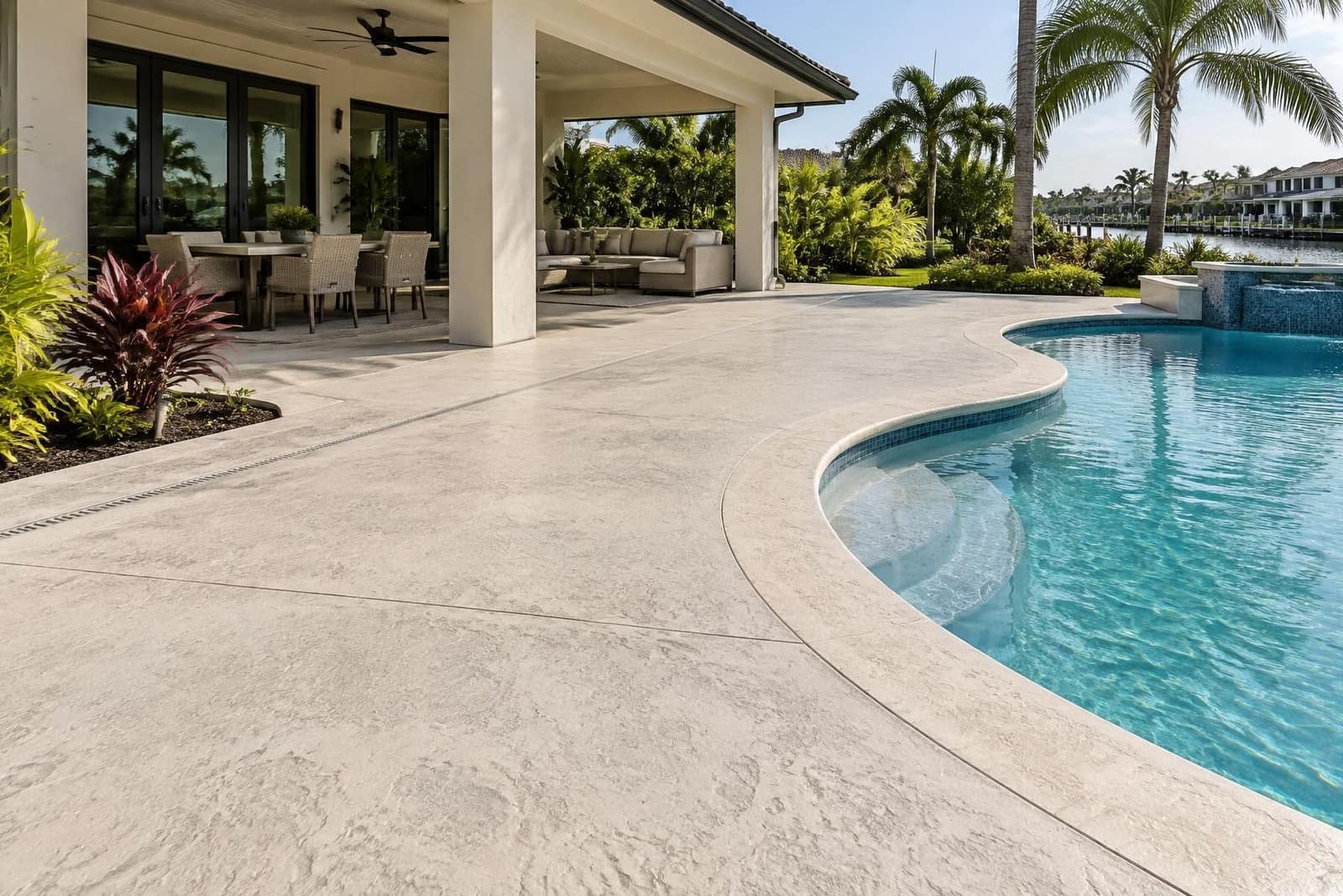 Textured concrete patio and pool deck surrounding a South Florida swimming pool