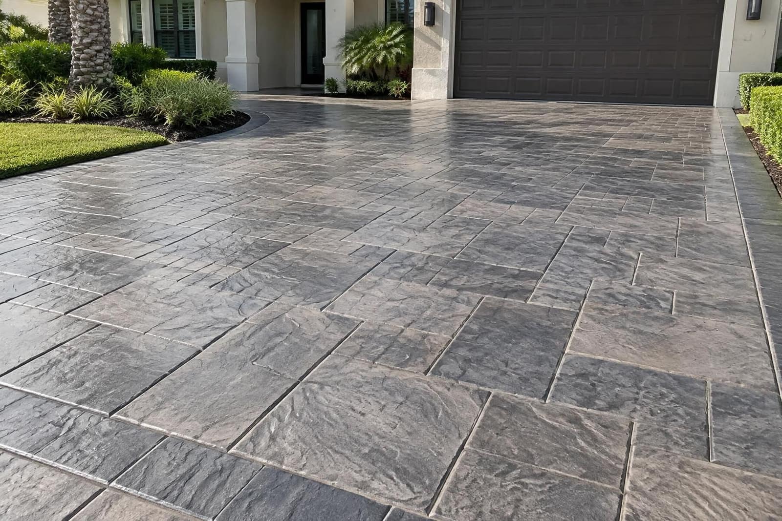 Grey ashlar-pattern stamped concrete driveway with a sealed stone texture
